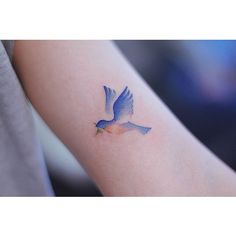 a small blue bird tattoo on the arm