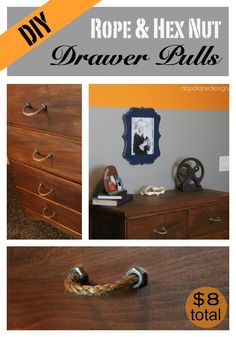 a dresser with rope and hex nut drawer pulls on the bottom, and an image of