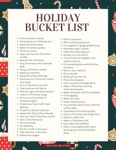 the holiday bucket list is shown in red, white and green with candy canes