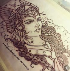 a drawing of a woman with wings on her head