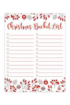 a christmas bucket list with red berries and holly branches on the side, in front of a white background
