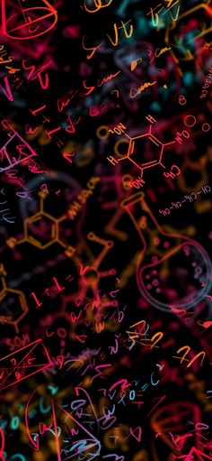 many different colored letters and numbers on a black background