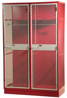a red and white metal cabinet with two doors on the front, and one door open