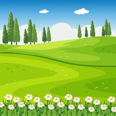 a green field with flowers and trees in the background is an empty space for text