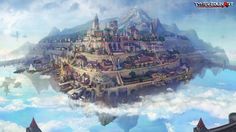 an island floating in the sky surrounded by clouds