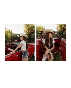 two pictures of a woman sitting in the back of a red car with her hat on