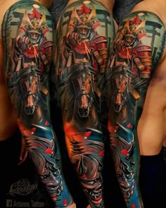 two men with tattoos on their arms and legs, one is riding a horse while the other