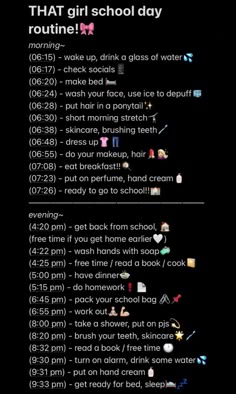 Productive Morning Routine For School, Daily Routine Schedule For School, 6:00 To 7:00 Morning School Routine, Grwm Ideas List, Glow Up School Morning Routine, Routine For After School, Productive Day List, Notes Morning Routine, Night Routines For School