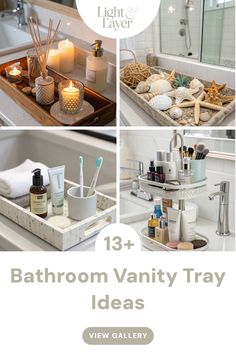 bathroom vanity trays with candles and other items
