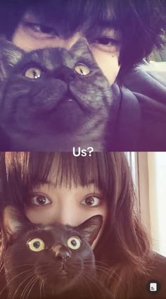 two pictures one with a cat and the other with a woman's face in front of her
