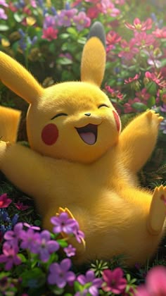 a stuffed toy pikachu laying in the middle of purple and pink flowers with its eyes closed
