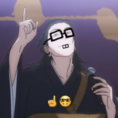 a man with glasses holding a microphone and pointing to the sky in front of him