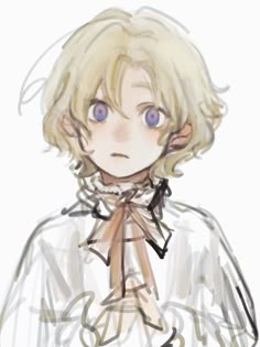 a drawing of a girl with blonde hair and blue eyes wearing a white shirt, black pants and a brown bow tie