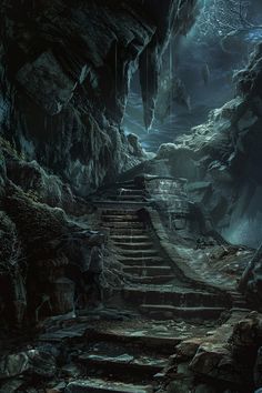 some stairs going up into a cave in the night