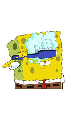 the spongebob character is cutting his hair with scissors