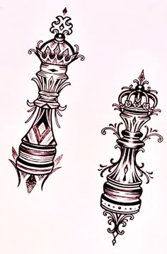 an ink drawing of two vases with crowns on them