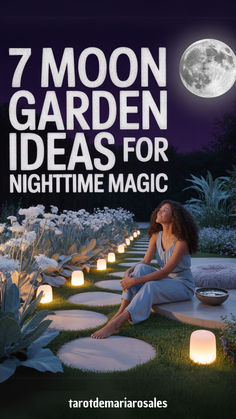 a woman sitting on the ground in front of some flowers and candles with text reading 7 moon garden ideas for nighttime magic