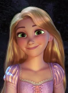 a cartoon girl with long blonde hair and green eyes wearing a pink dress in front of trees