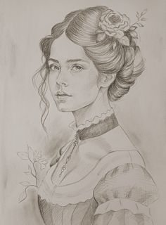 a pencil drawing of a woman wearing a dress and holding a flower in her hair