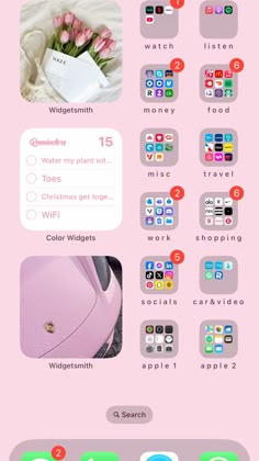 an image of a pink phone screen with buttons and icons on it, including the number one
