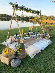 an outdoor picnic setting with lemons on the table