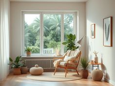 a living room filled with furniture and potted plants next to a large window on the wall
