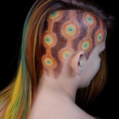 Wichita 🌻 Hair Artist 🎨 on Instagram: “70’s Furniture inspired Collab between Me & @alex.loves.hair & @katie.pa.ints 🧡 I LOVE WHEN ARTISTS COME TOGETHER! Everyone has something…” Alien Hair Tattoo, Tattoos And Body Hair, Trippy Hair, Alien Girl Hair, Cheetah Print Hair Buzz Cut, Hair Etching, Extreme Hair, Hair Tattoos, Shaved Sides
