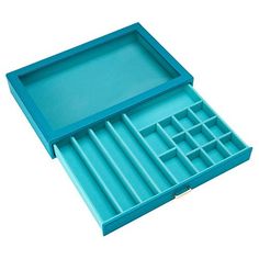 an empty blue box with compartments on it