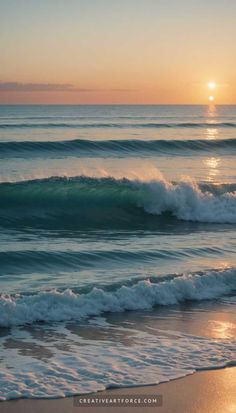 the sun is setting over the ocean waves