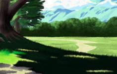 a painting of a tree in the middle of a field with mountains in the background