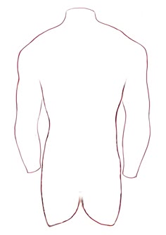 the back view of a man's long sleeved shirt with red thread on it