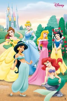 the disney princesses are standing in front of their castle