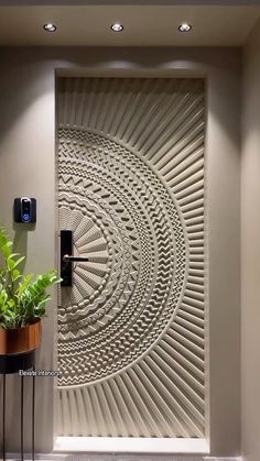 a door with a decorative design on the front and side panels, in an office building