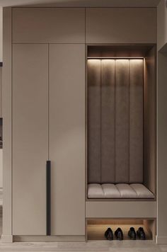 a closet with some shoes in it next to a wall mounted cabinet and shelves on both sides