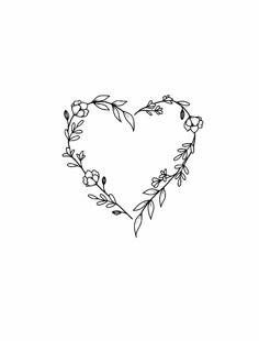 a heart shaped frame with flowers and leaves on the side, drawn in black ink