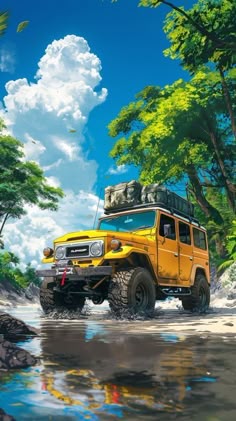 a yellow jeep driving down a river next to trees