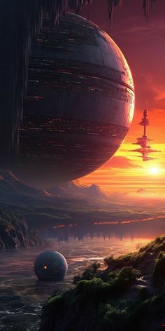 an image of a sci - fi scene at sunset