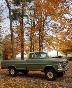 an old pick up truck parked in front of some trees with leaves on the ground