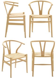 four wooden chairs are shown side by side