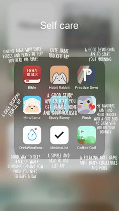 an iphone screen with the words self care written on it and icons in different languages