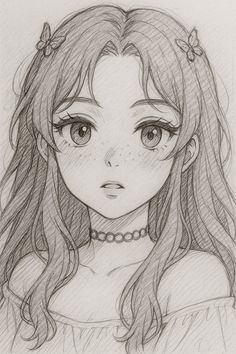 a pencil drawing of a girl with long hair and big eyes, wearing a choker