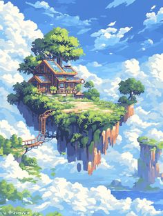 Galactic neuropenguin on Instagram: "Living in the clouds, where dreams take flight. 🌤️✨ #FloatingIsland #PixelArt #FantasyWorld #SkyHigh #Dreamscape #PixelPer… in 2025 | Fantasy art landscapes, Dreamy art, Environment concept art