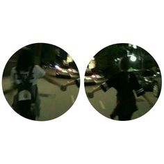 two circular mirrors show the reflection of people riding bikes at night and one person on a skateboard