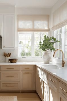 a kitchen with wooden cabinets and white counter tops next to a plant in a vase