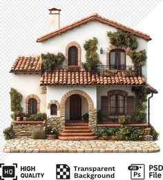 an image of a small house with plants on the roof and stairs to the second floor