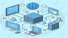 a network with computers and laptops connected to each other on a light blue background