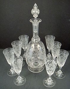 Antique Baccarat Etched Crystal Decanter & Glasses, French, c.1900