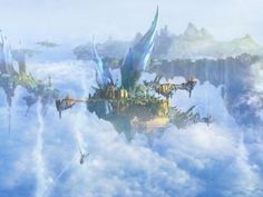 an island floating in the sky surrounded by clouds and other small buildings with towers on top