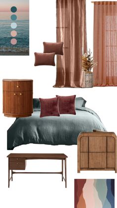 the bedroom is decorated in shades of pink and blue