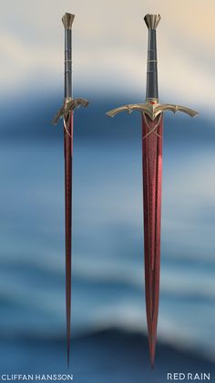 two red swords standing next to each other in front of a blue sky and ocean